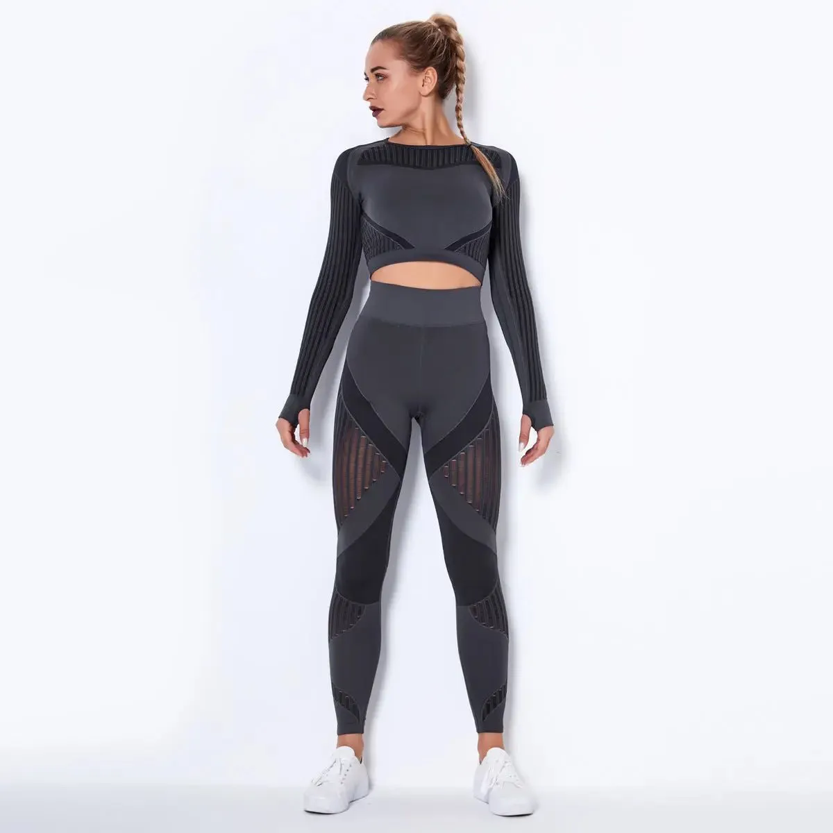 Women High waist Fitness Leggings Sport Set Tracksuit Workout Long Sleeve Seamless Yoga Clothes