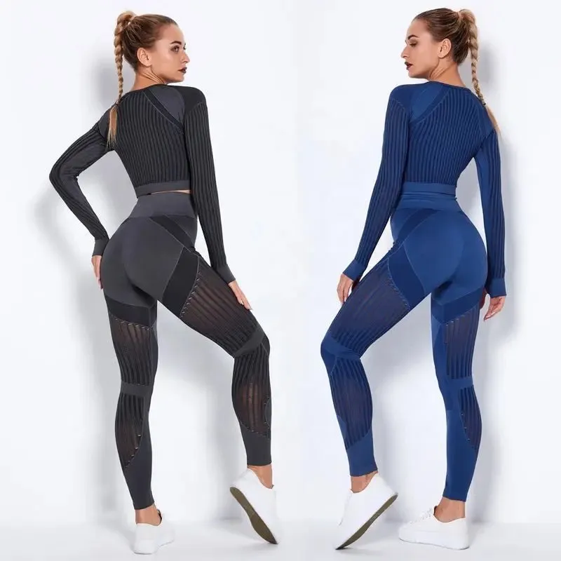 Women High waist Fitness Leggings Sport Set Tracksuit Workout Long Sleeve Seamless Yoga Clothes