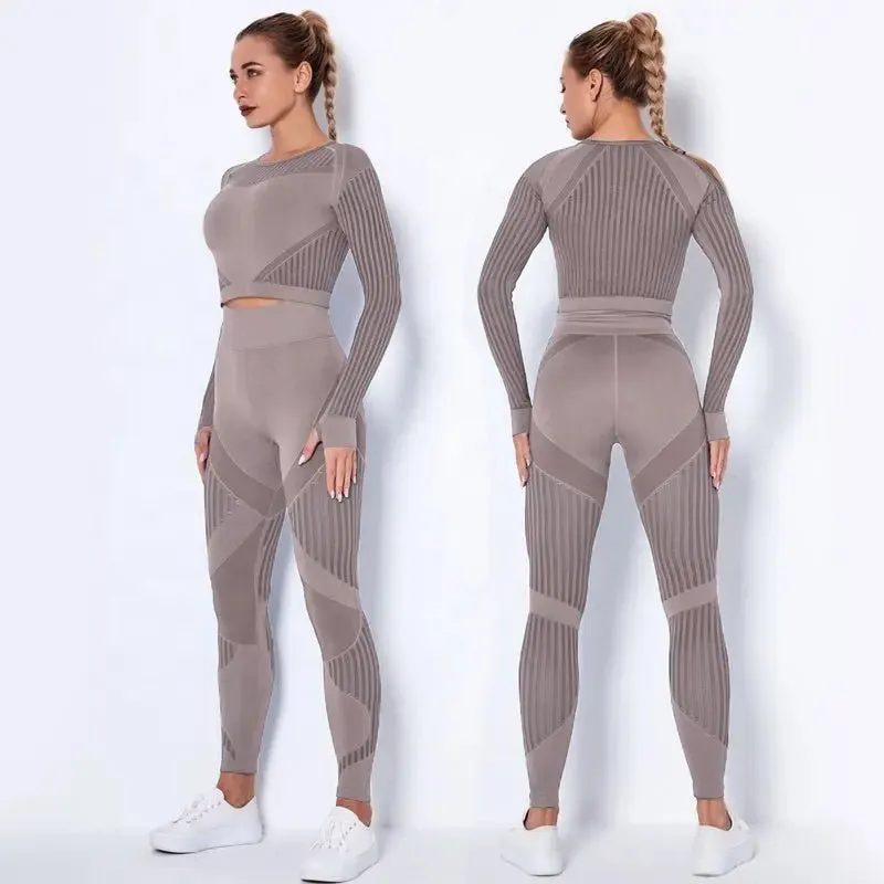 Women High waist Fitness Leggings Sport Set Tracksuit Workout Long Sleeve Seamless Yoga Clothes