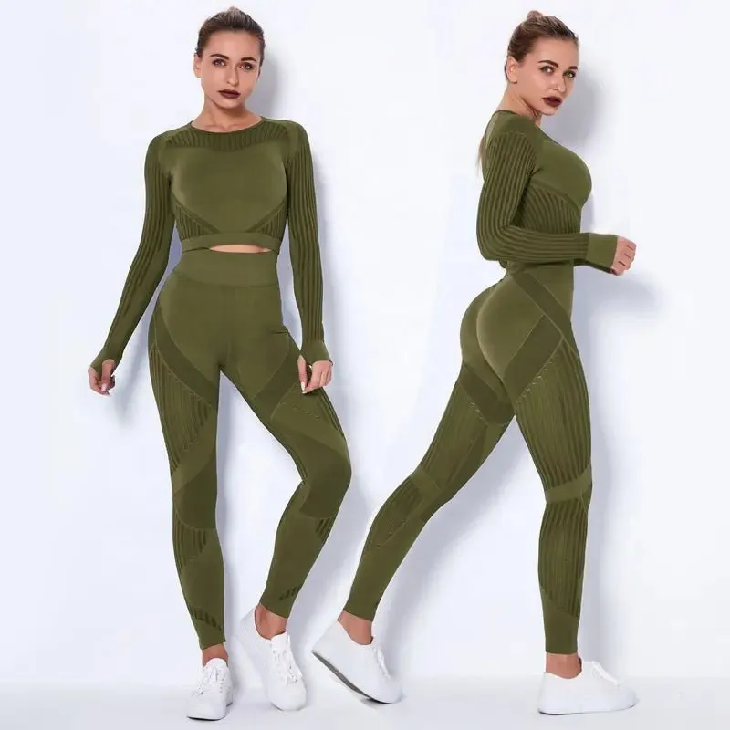 Women High waist Fitness Leggings Sport Set Tracksuit Workout Long Sleeve Seamless Yoga Clothes