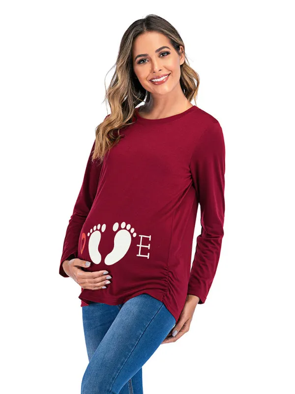 Women's Maternity Round Neck Small Feet Print Top