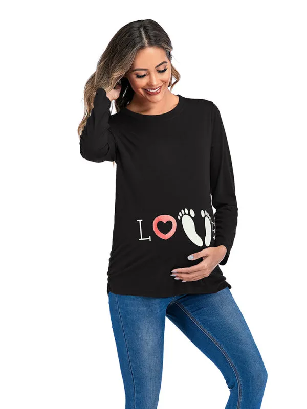 Women's Maternity Round Neck Small Feet Print Top