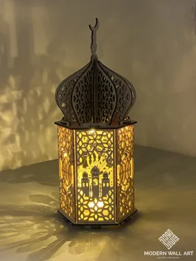 Wooden Lantern | Ramadan Eid Decor with LED Night Light